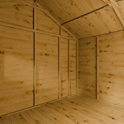 Wooden interior of a shed with a barn ceiling.