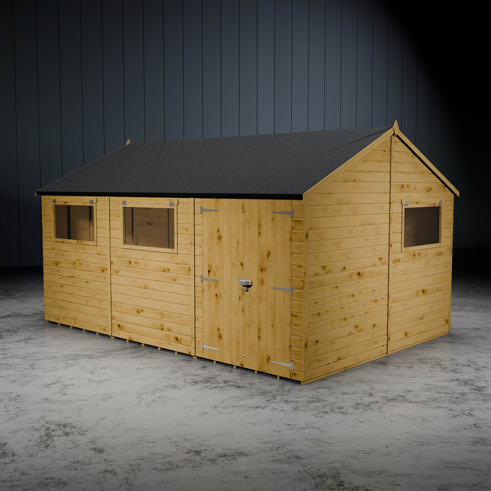 Wooden shiplap apex shed with styrene windows and double doors.