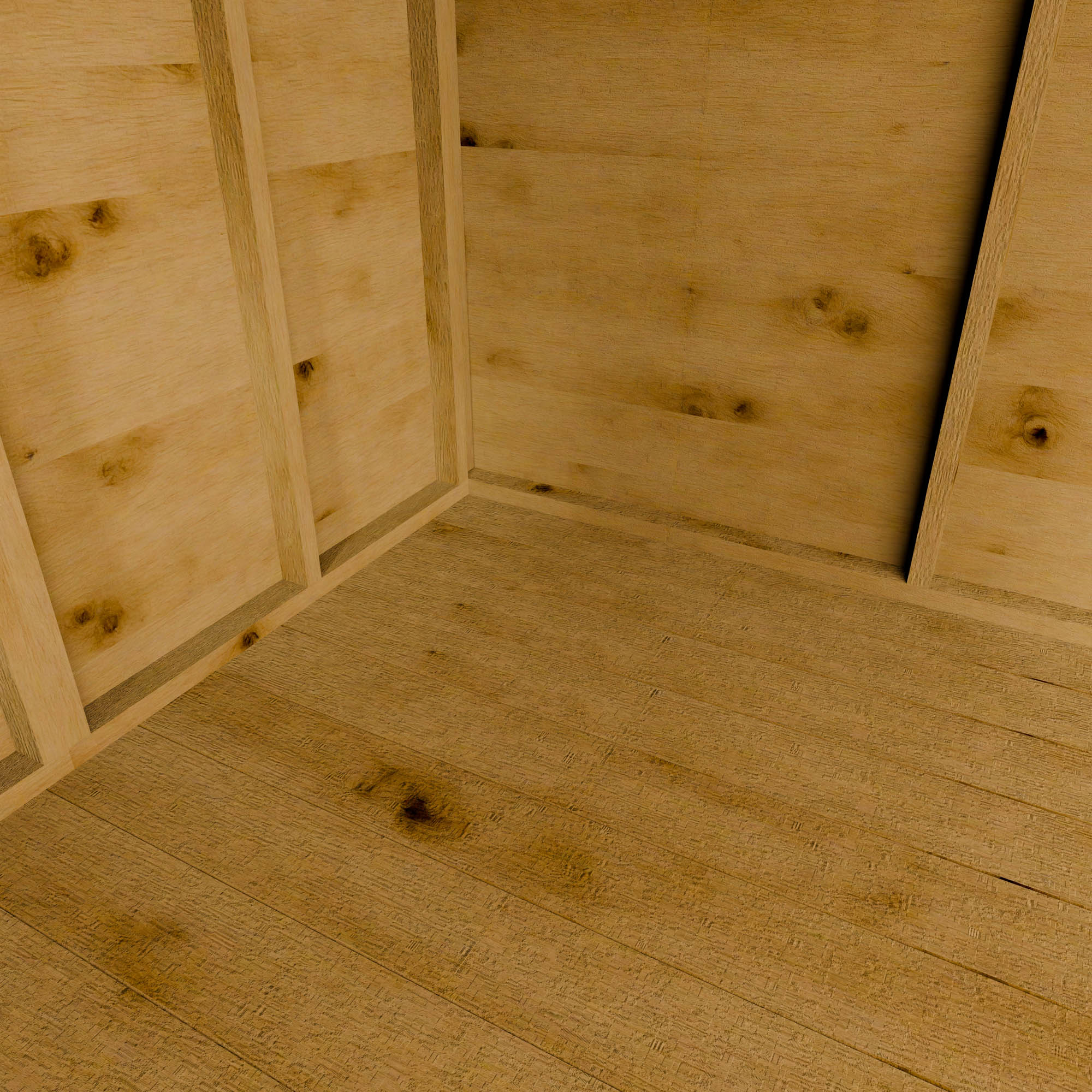 Close-up of a wooden shed corner with visible grain and texture.