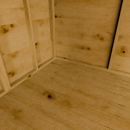 Close-up of a wooden shed corner with visible grain and texture.