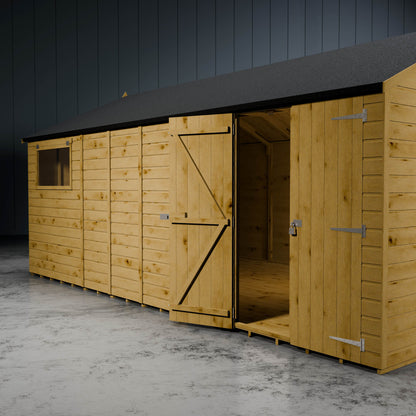 Wooden shiplap cladding of a workshop with one of the double doors opening revealing the Z-frame and spacious interior.