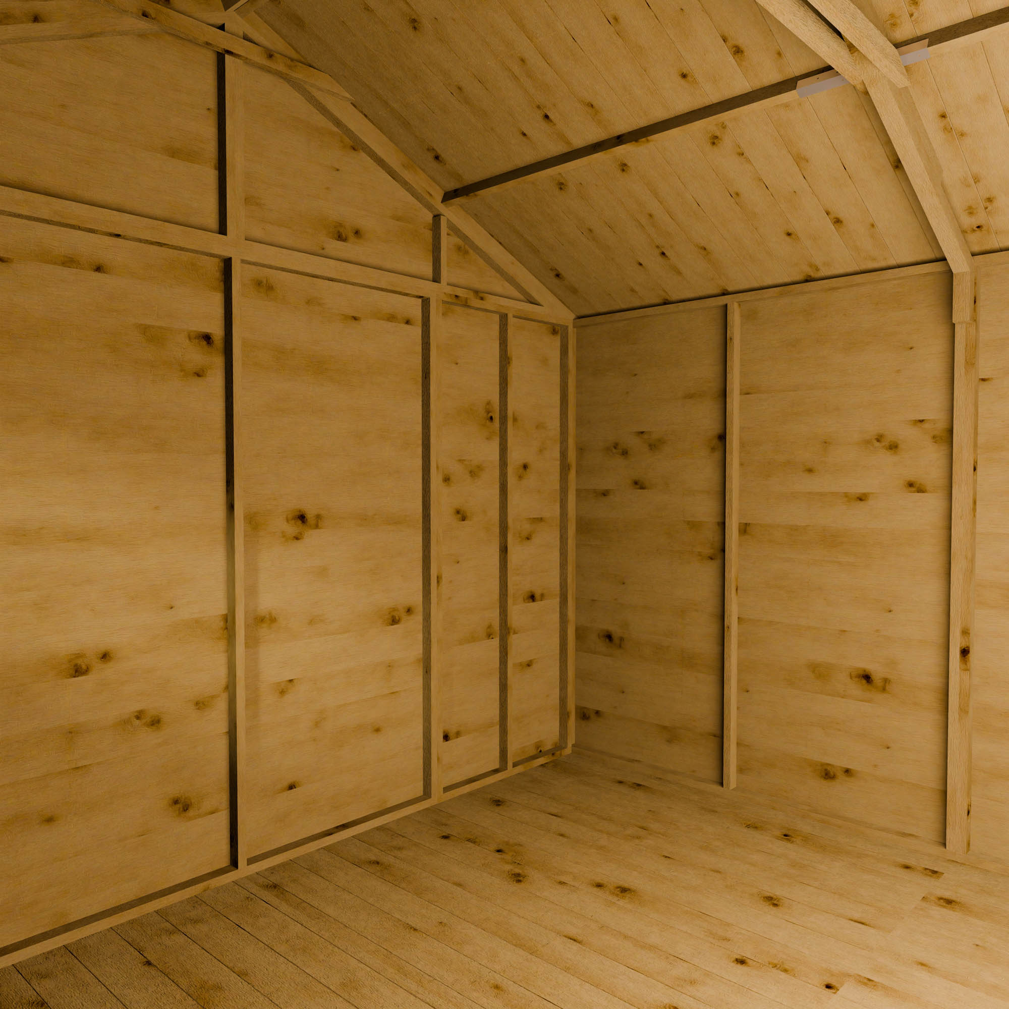 Wooden shed interior with natural wood finish