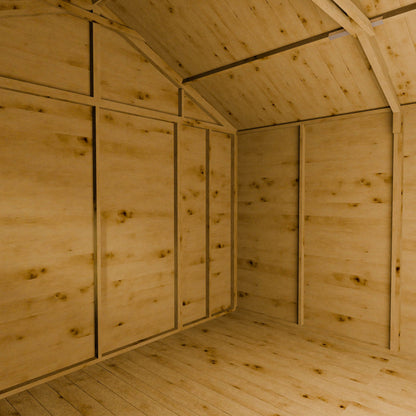 Wooden shed interior with natural wood finish