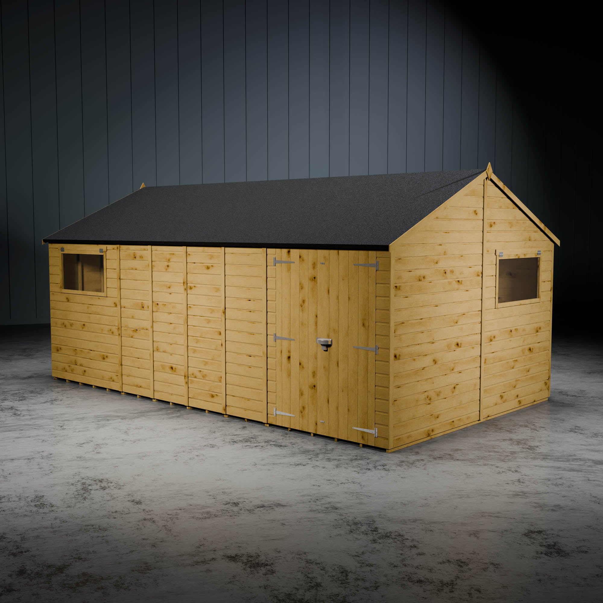 Wooden shiplap apex workshop with two styrene opening windows and double doors against a metallic background.