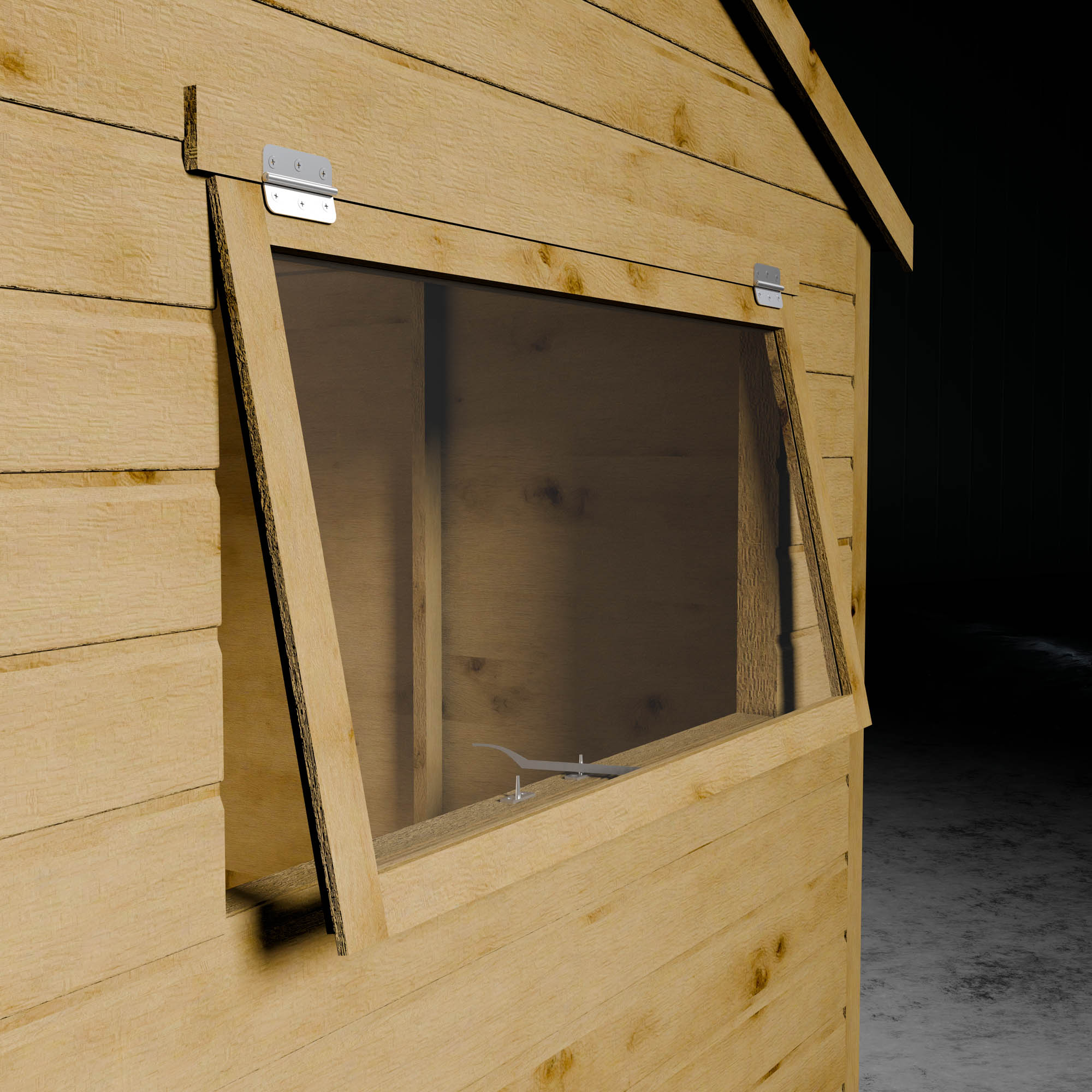 Open styrene window with metal latch on a wood shiplap shed.