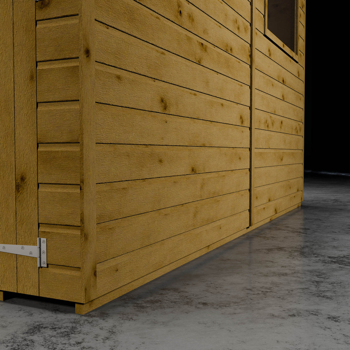 Wooden shiplap cladding and metal t-hinge and styrene windows.