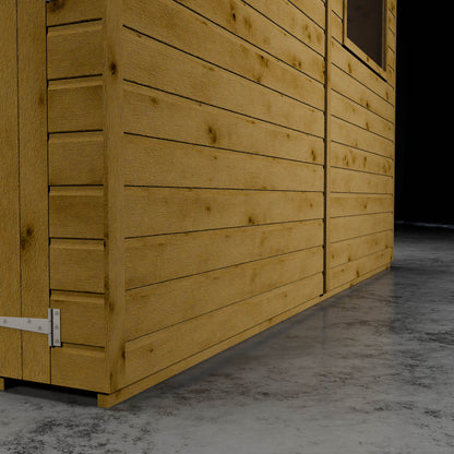 Wooden shiplap cladding and metal t-hinge and styrene windows.