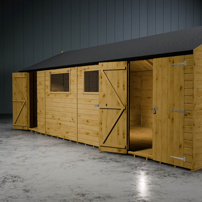 Wood shiplap apex workshop with open door and open side shed with styrene windows.