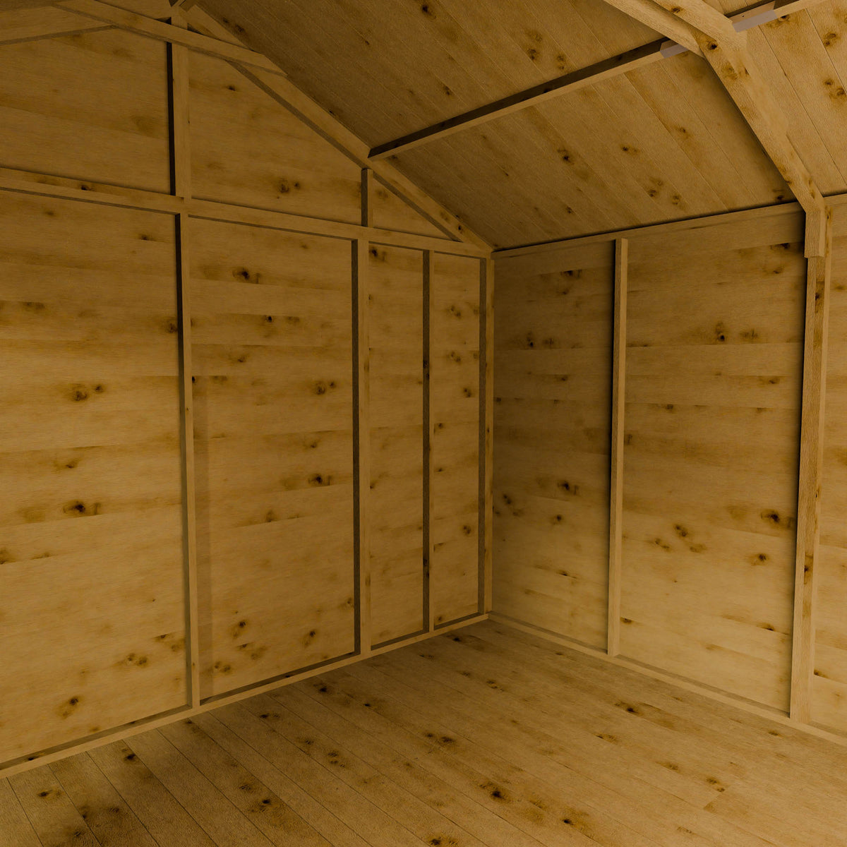 Wooden shed interior with an apex ceiling