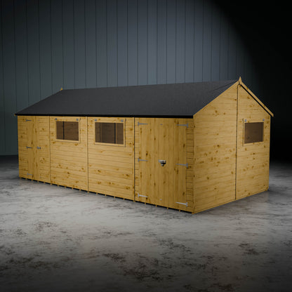 Wooden apex shiplap workshop with three doors and three styrene windows.