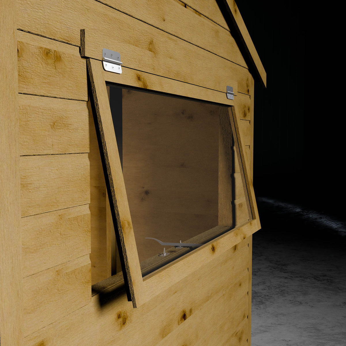 Open styrene window on a wooden shiplap shed