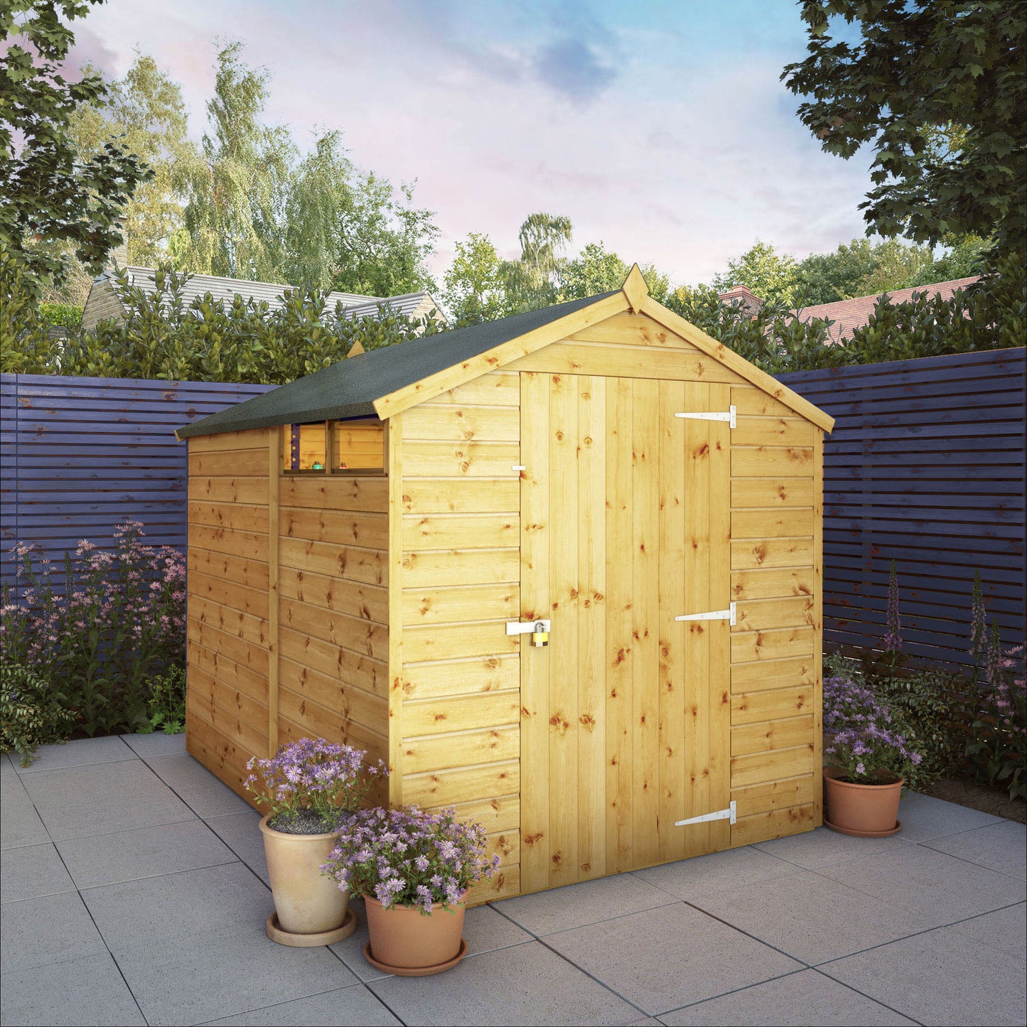 A timber shed with single door, small windows and apex roof