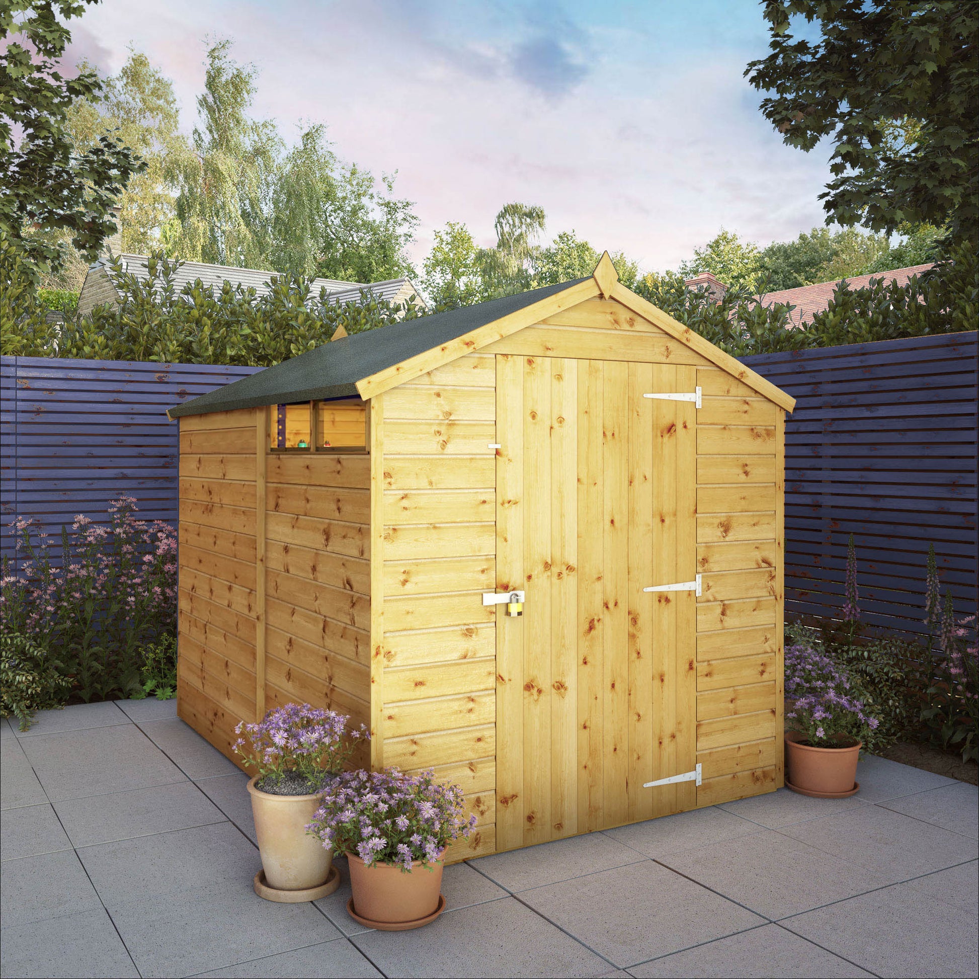 A timber shed with single door, small windows and apex roof