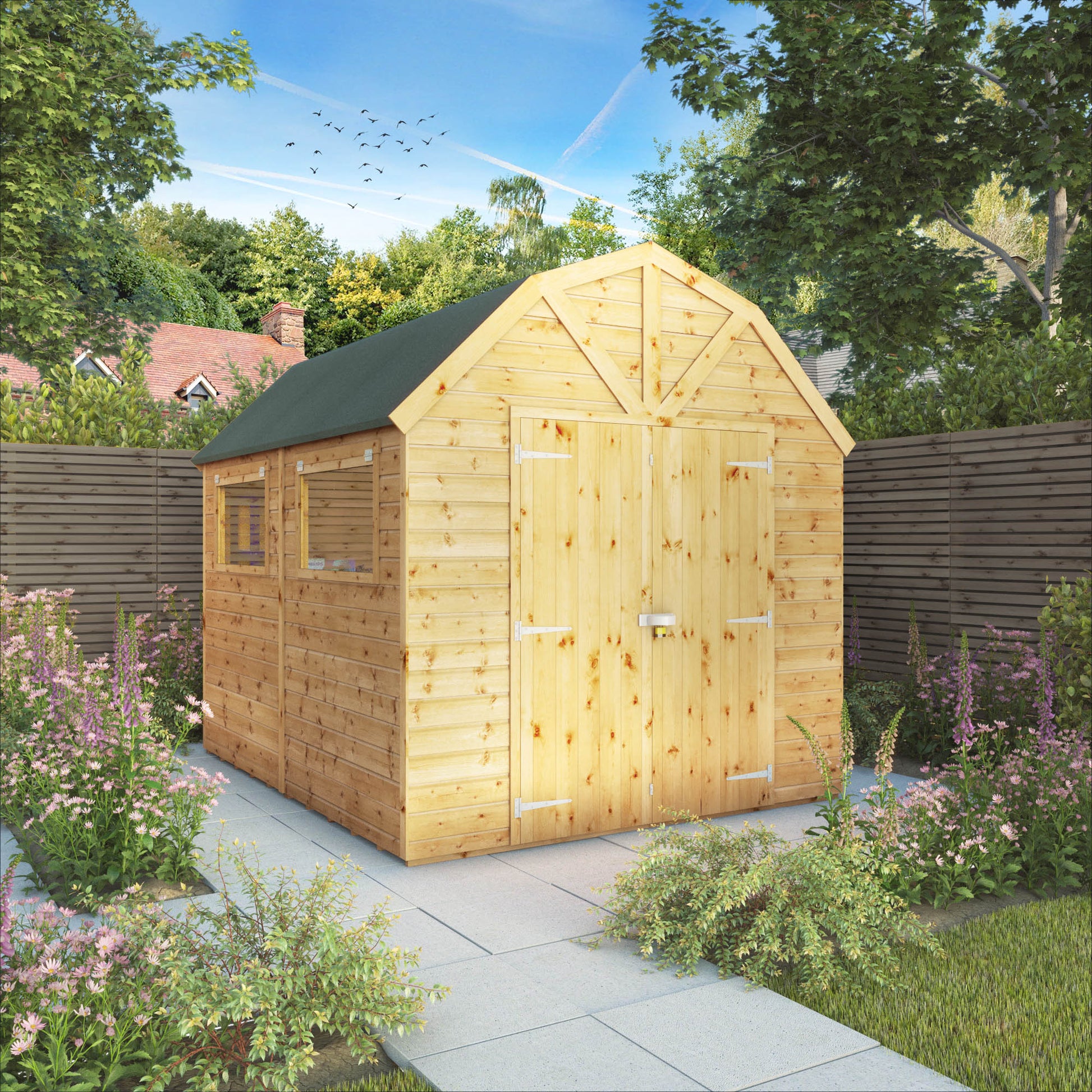 A timber shed with double doors, dutch style roof and windows