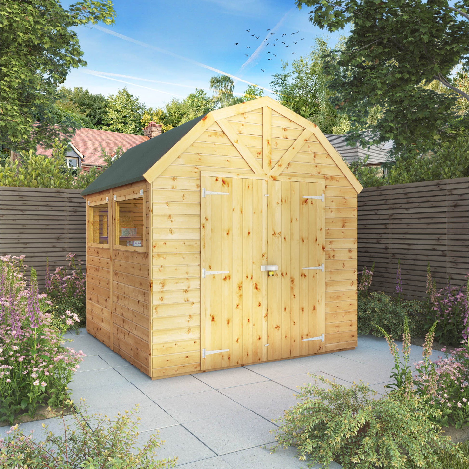 A timber shed with dutch barn roof design and windows