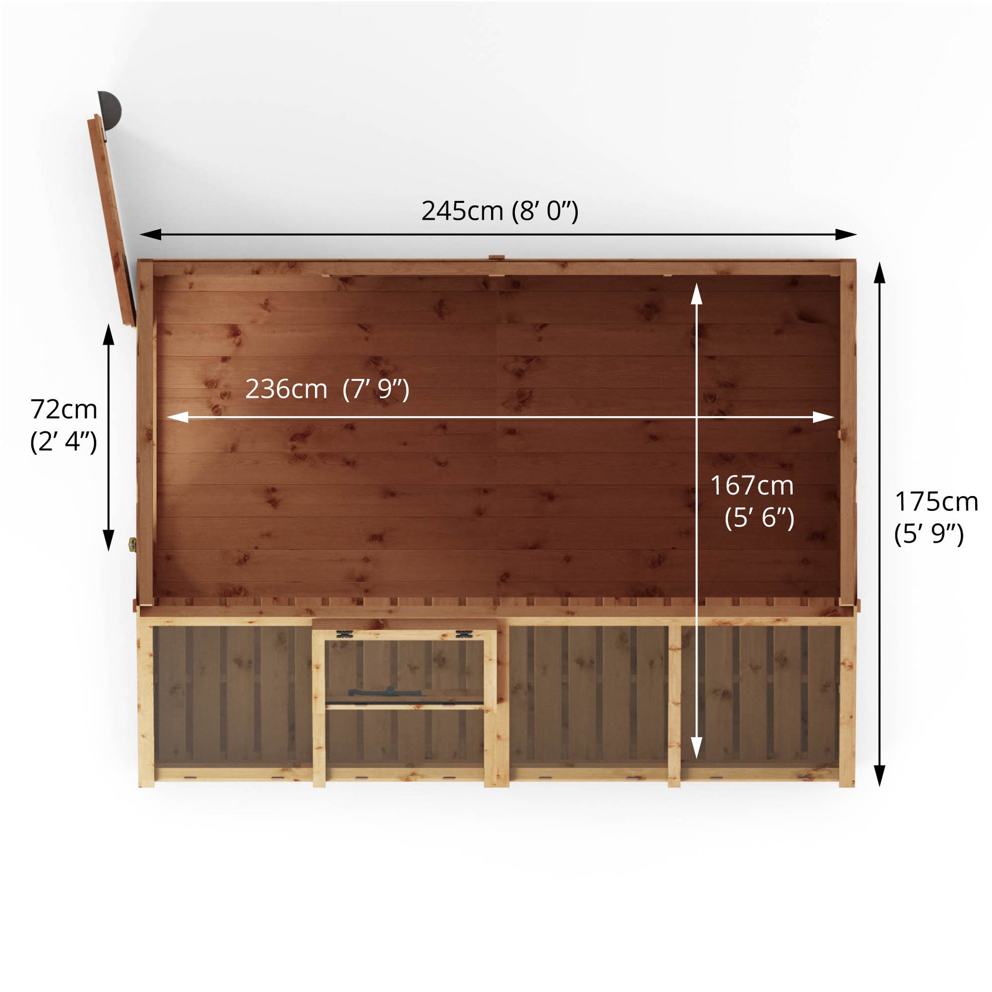 Measurements showing the dimensions of a potting shed.