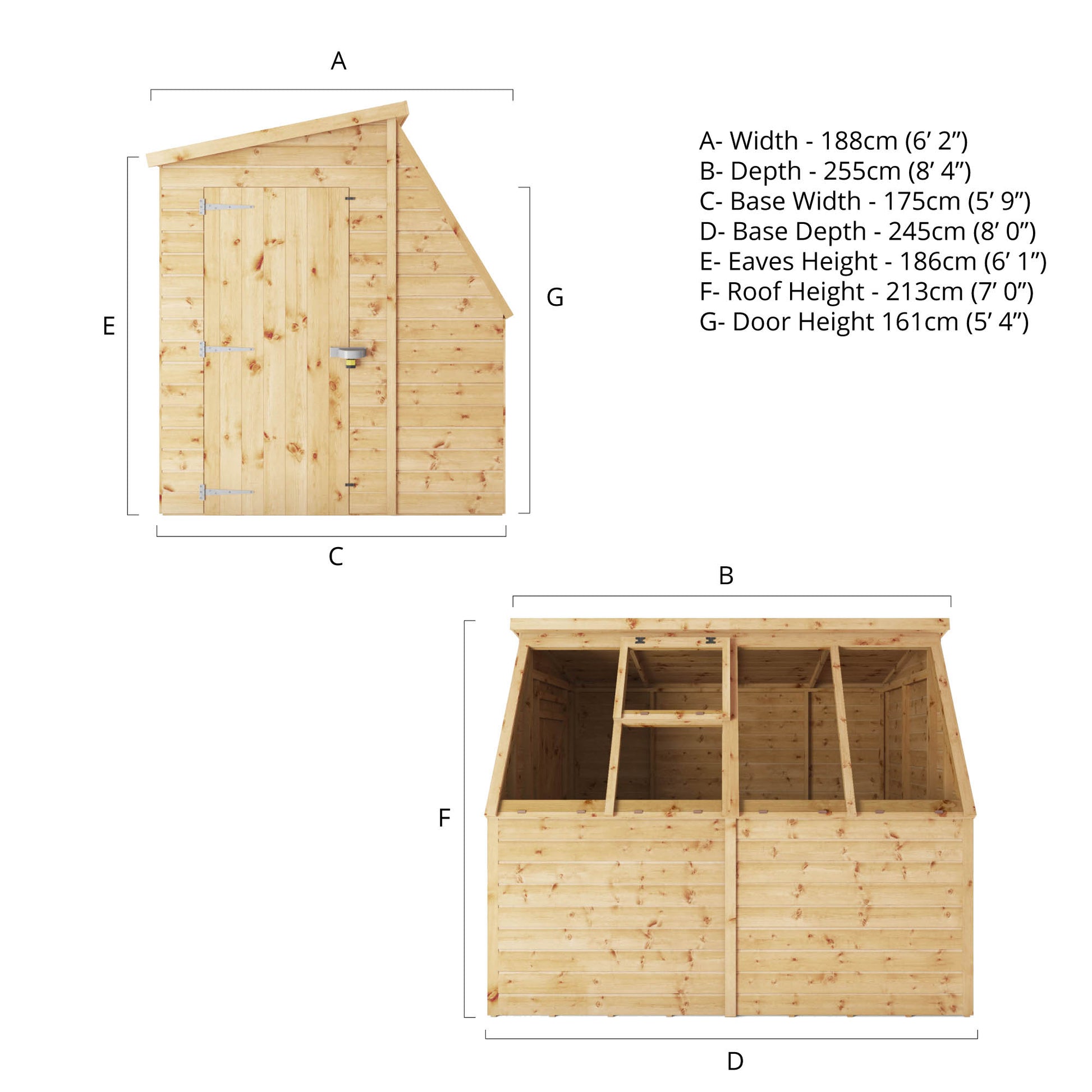 Measurements showing the dimensions of a potting shed.