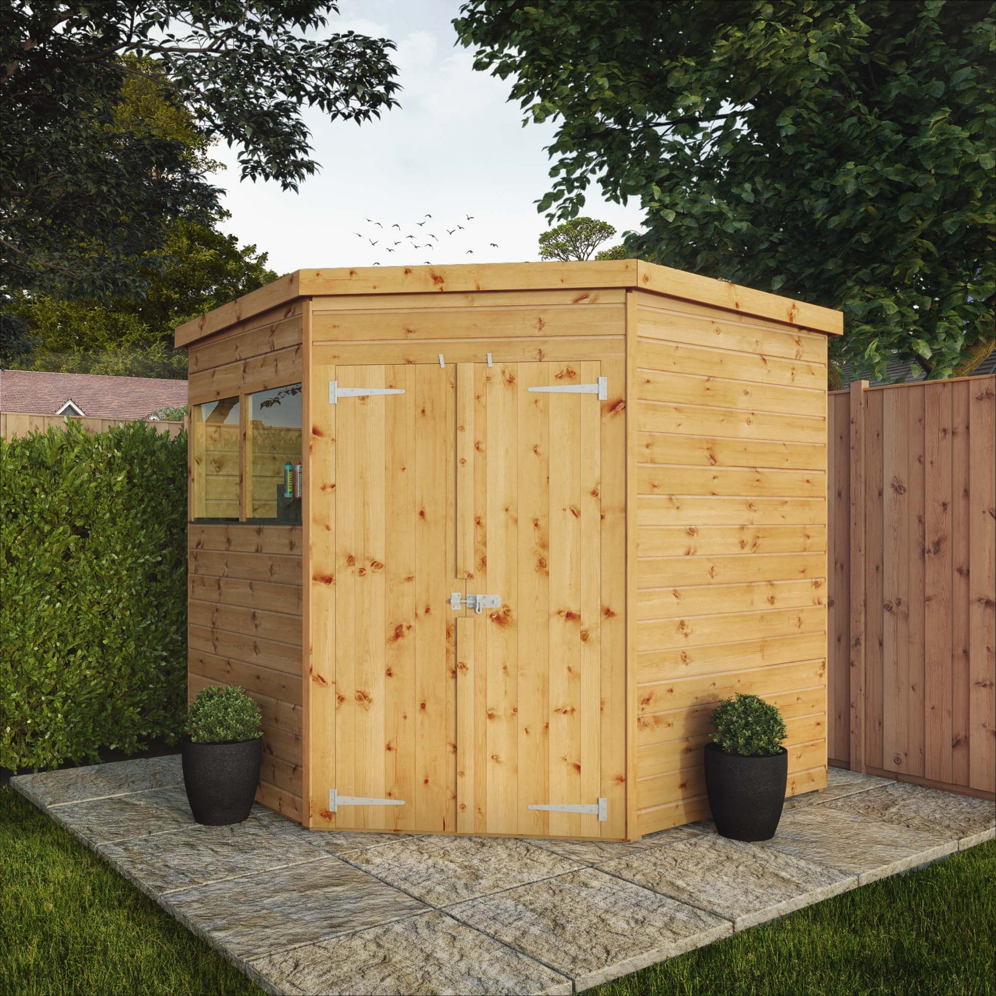 A corner timber shed with double doors and windows