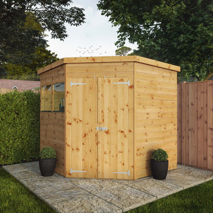 A corner timber shed with double doors and windows