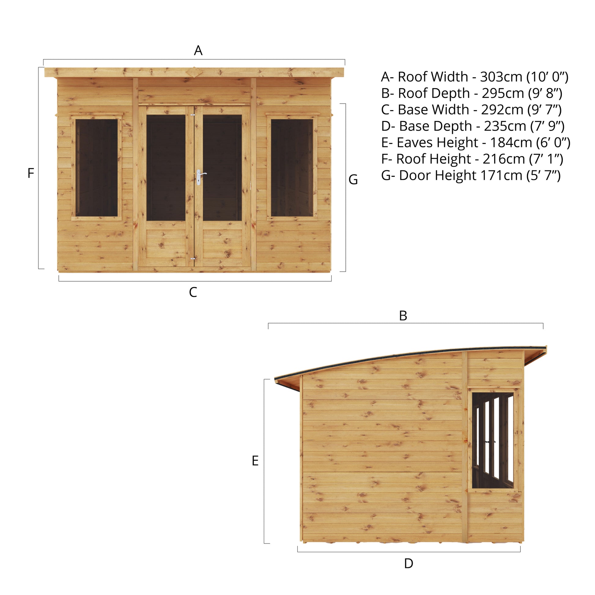 A specification image showing the dimensions of a summerhouse