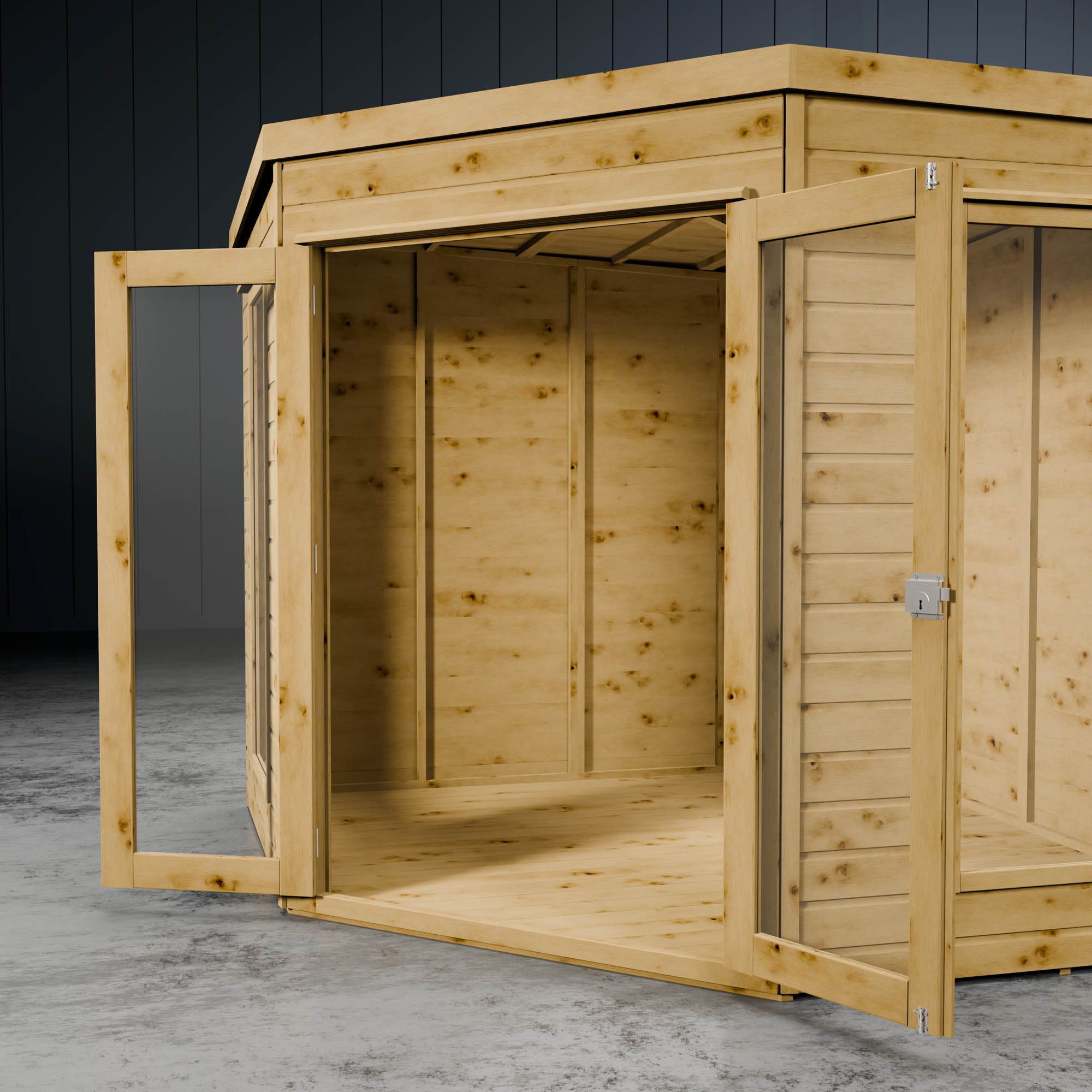 Open doors of a wooden shiplap summer house with styrene windows.
