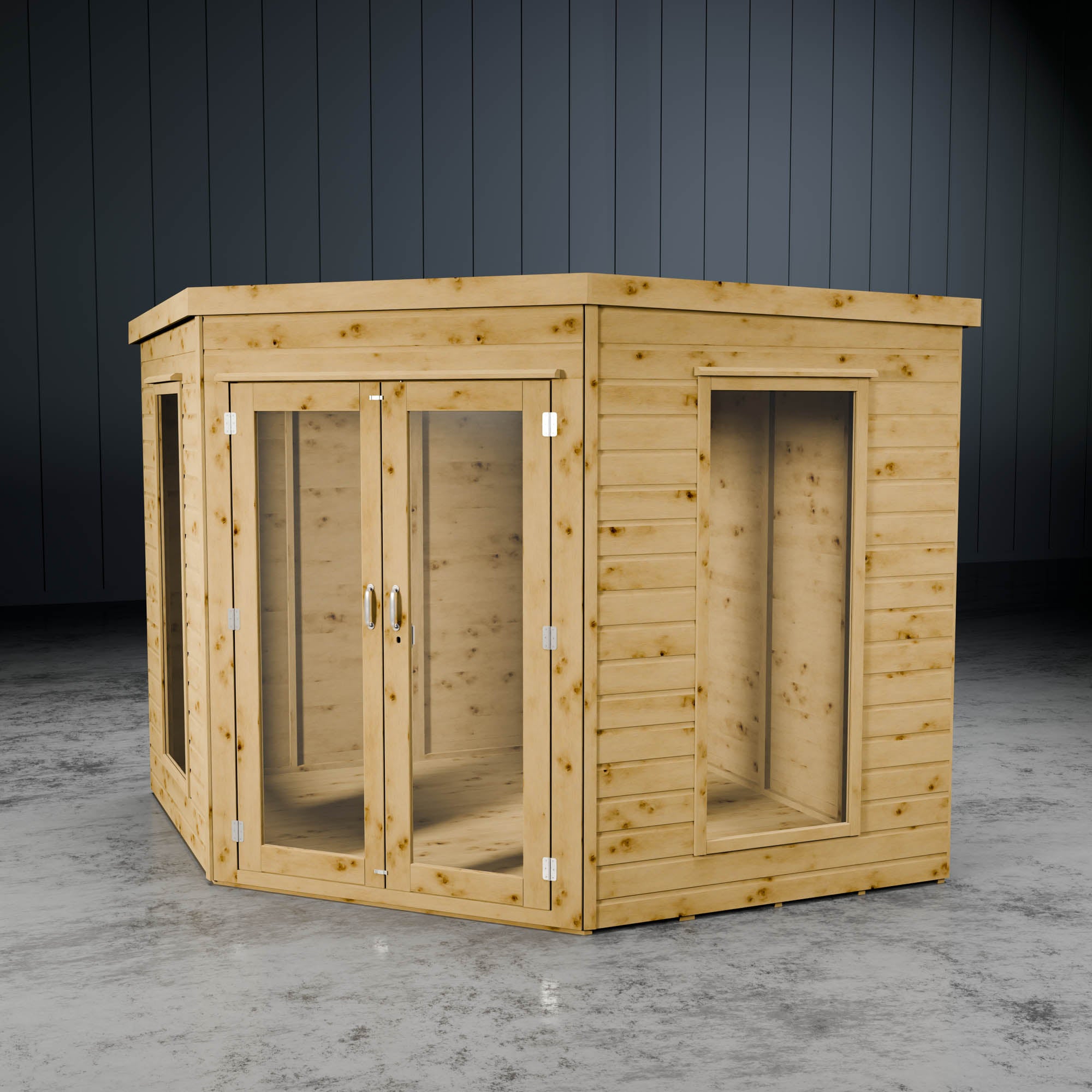 Wooden corner summer house with glass doors against a dark wall.