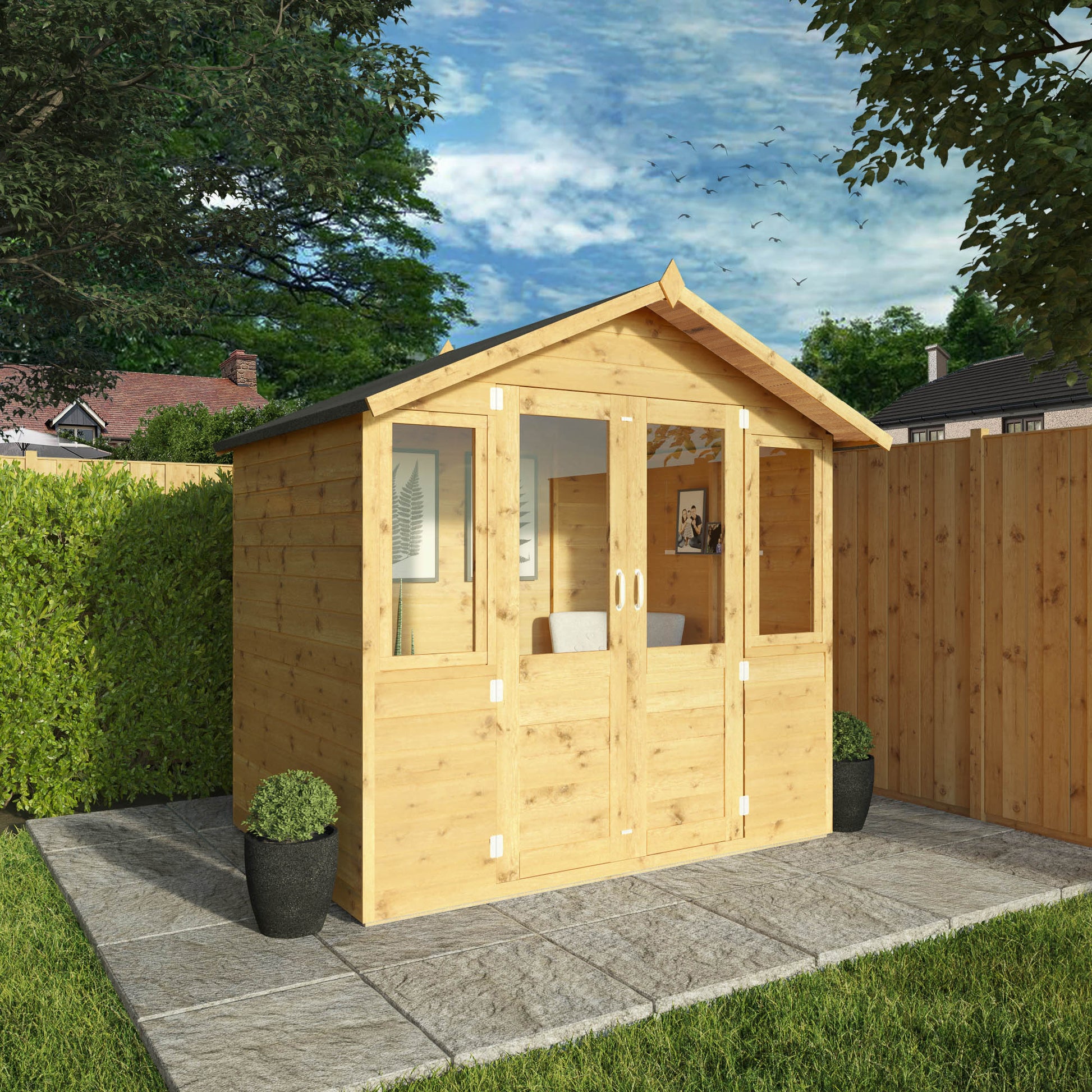 A traditional summerhouse made from timber with double doors