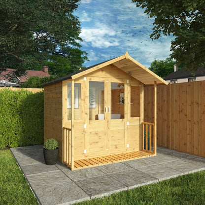 A traditional summerhouse with double doors and veranda