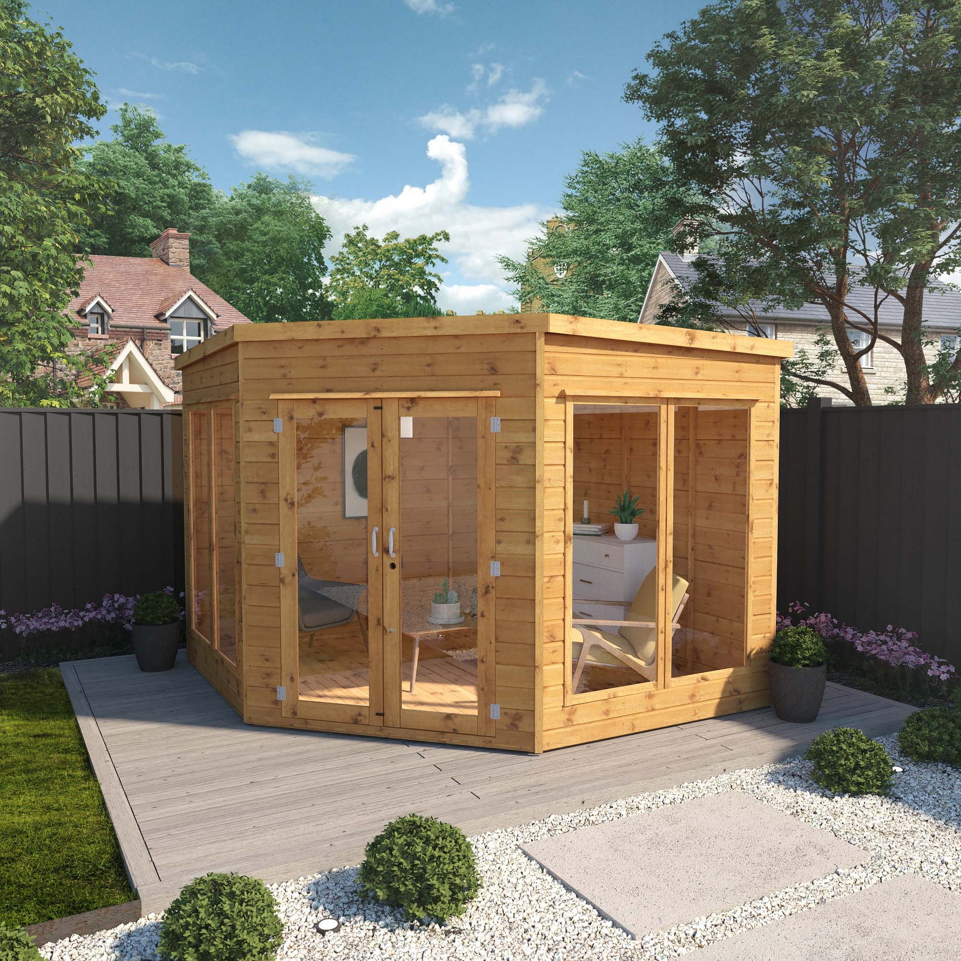 A timber corner summerhouse with double doors and full length windows