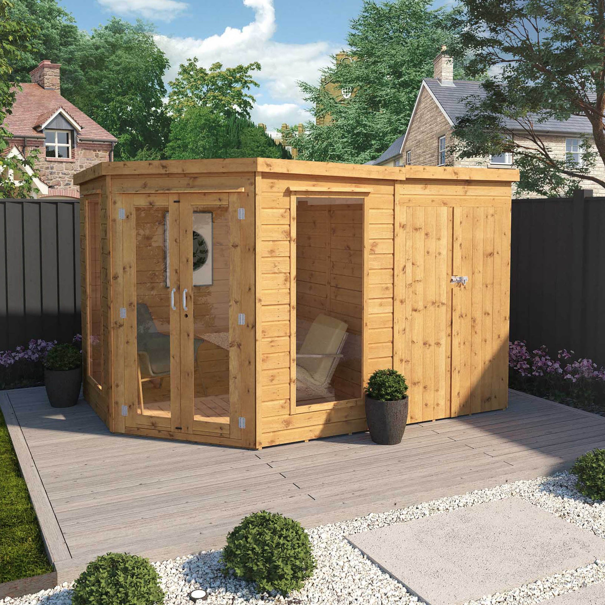A corner summerhouse with double doors, full length windows and a side shed