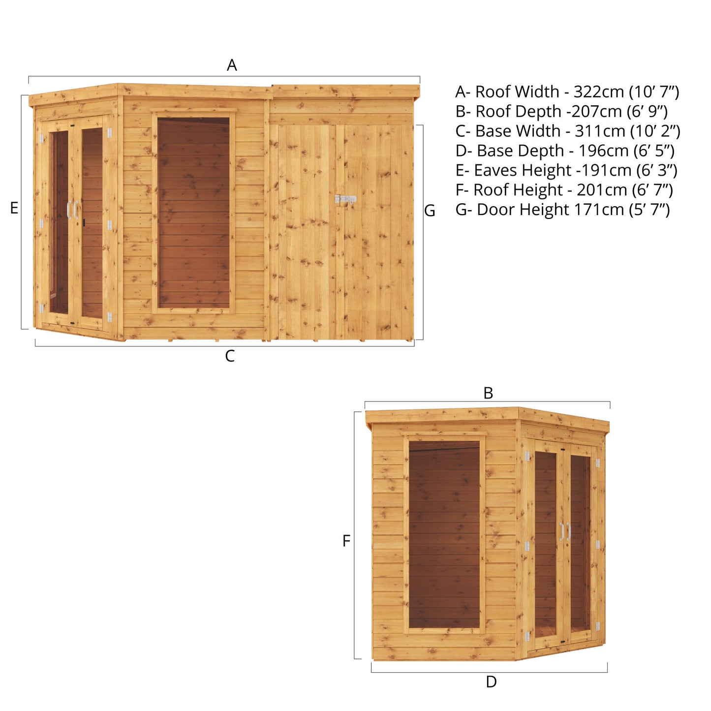 11 x 7 Corner Summerhouse with Side Shed