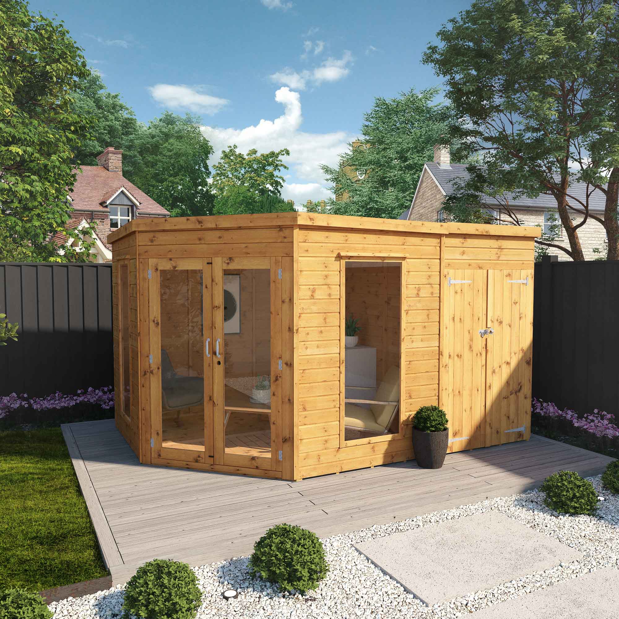 Wooden garden shed on a patio with trees and houses in the background