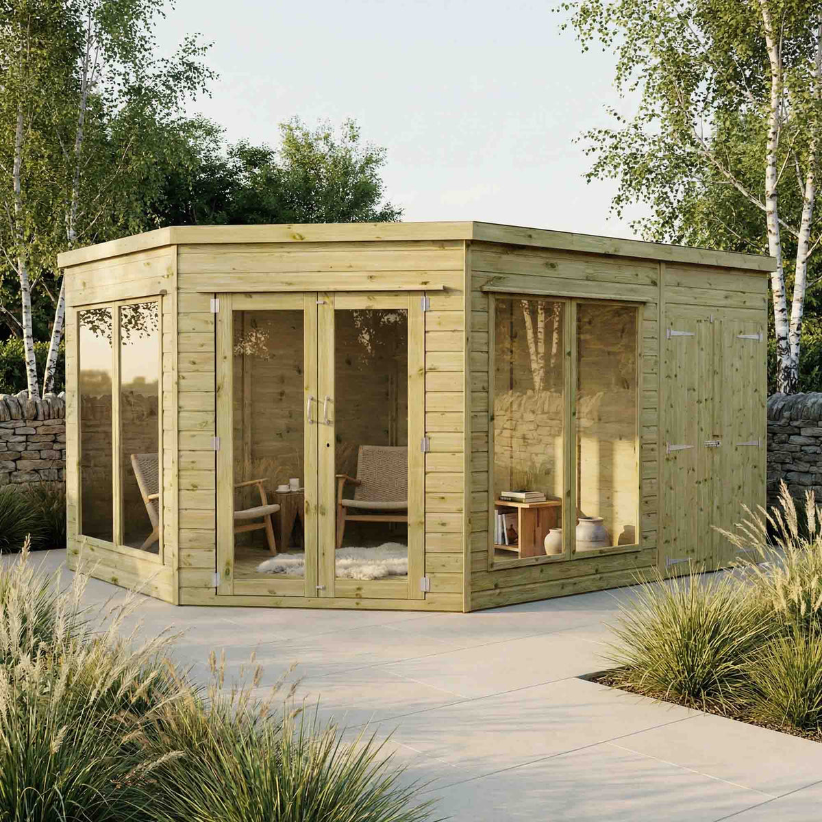 Premium Corner Summerhouse with Side Shed