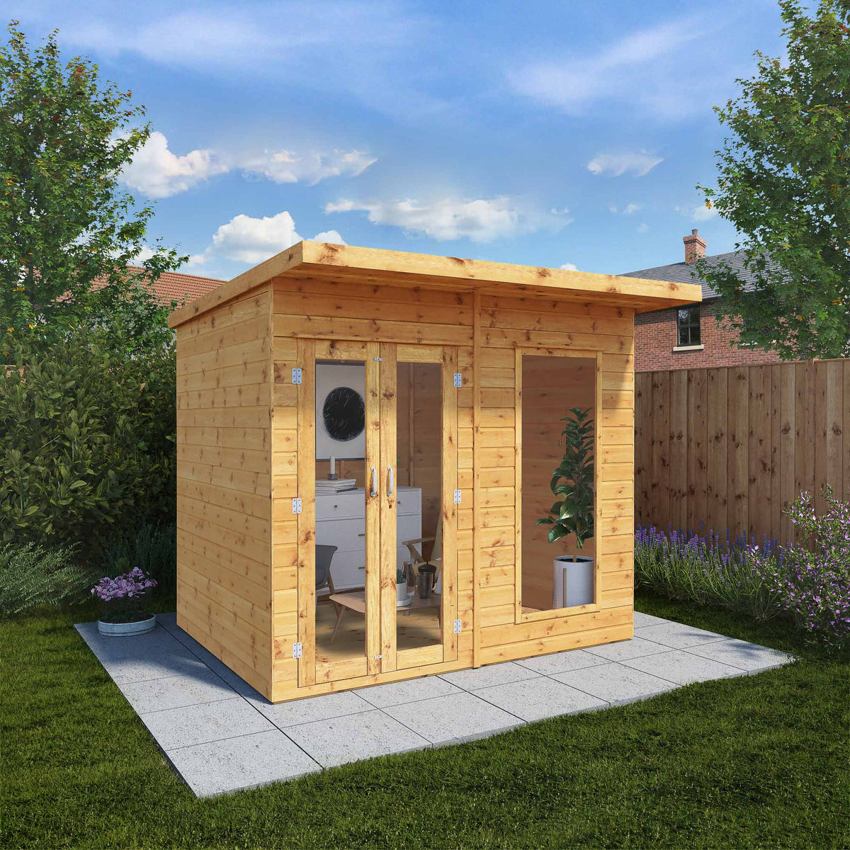 Wooden garden summer house with doors in a backyard setting