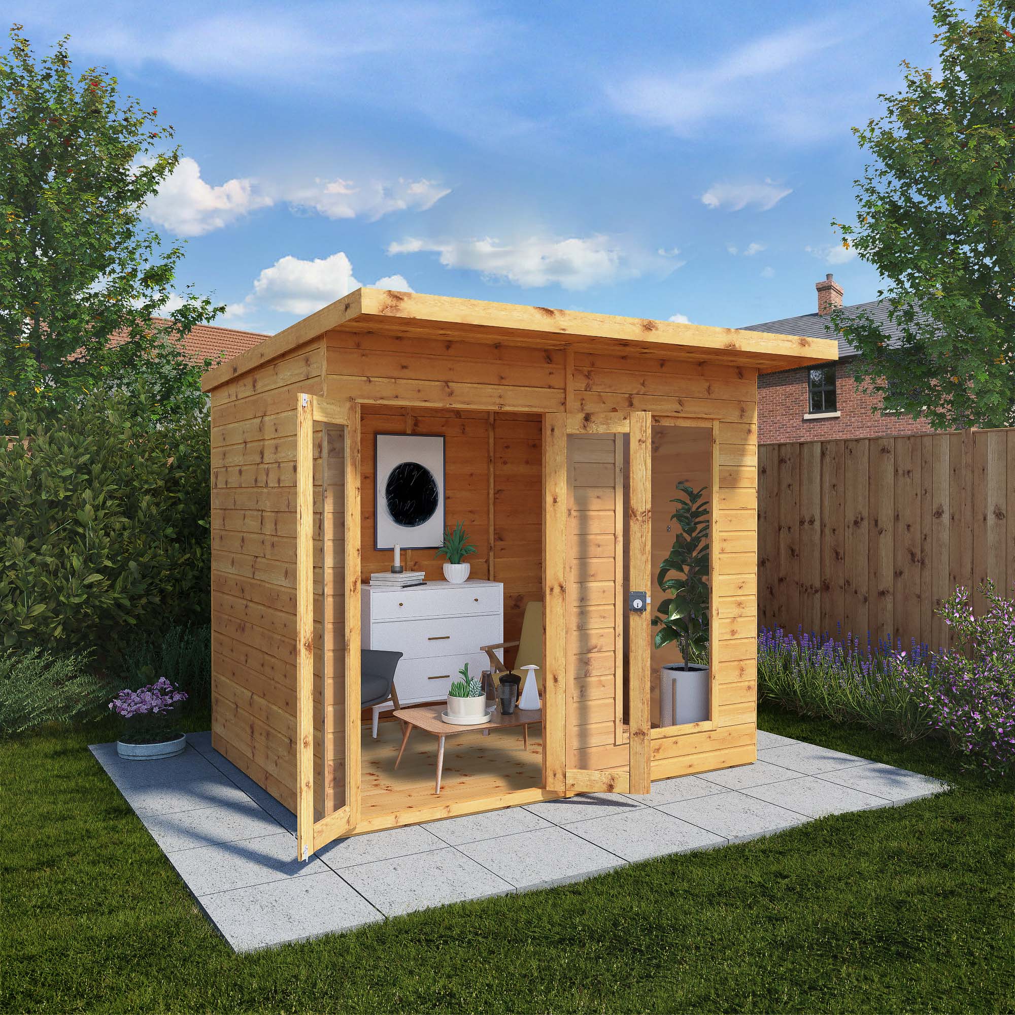 Wooden summer house with interior furniture on a sunny day