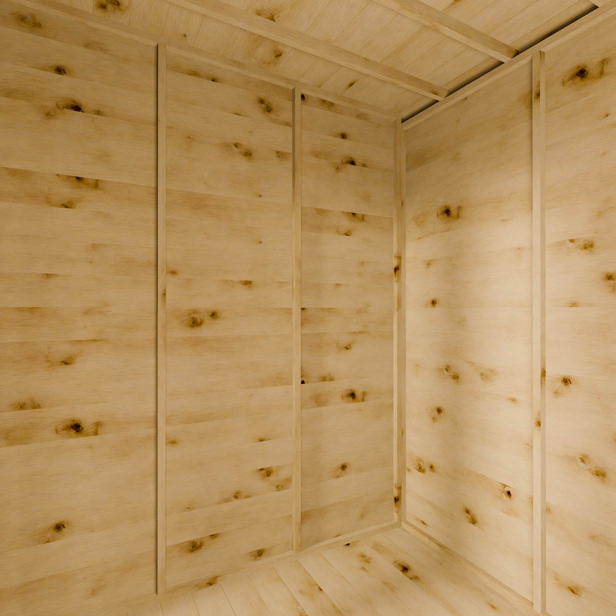 Wooden summer house interior with visible grain and texture