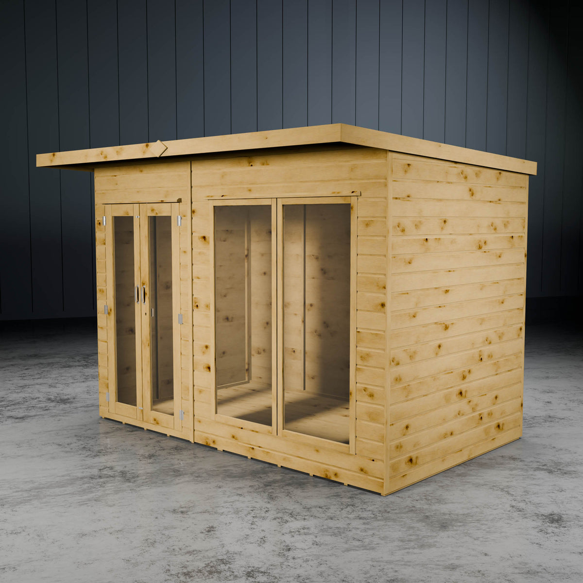 Wooden summer house with glass doors against a dark wall