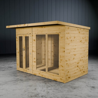 Wooden summer house with glass doors against a dark wall