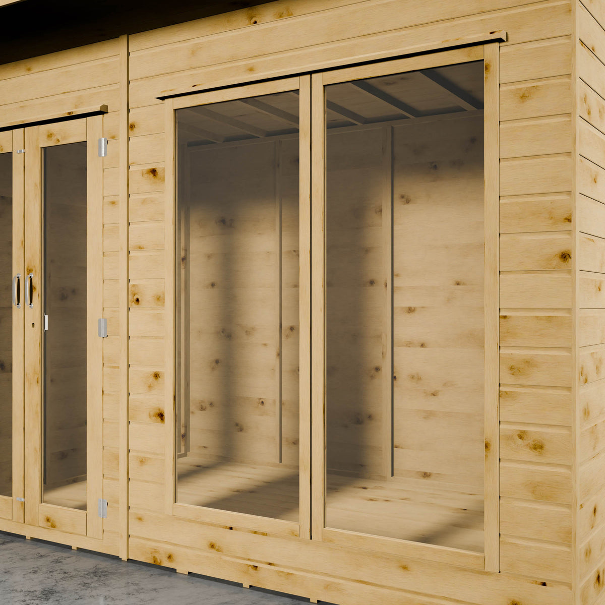 Styrene windows of a wooden shiplap summer house, showcasing the interior.
