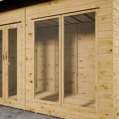 Styrene windows of a wooden shiplap summer house, showcasing the interior.