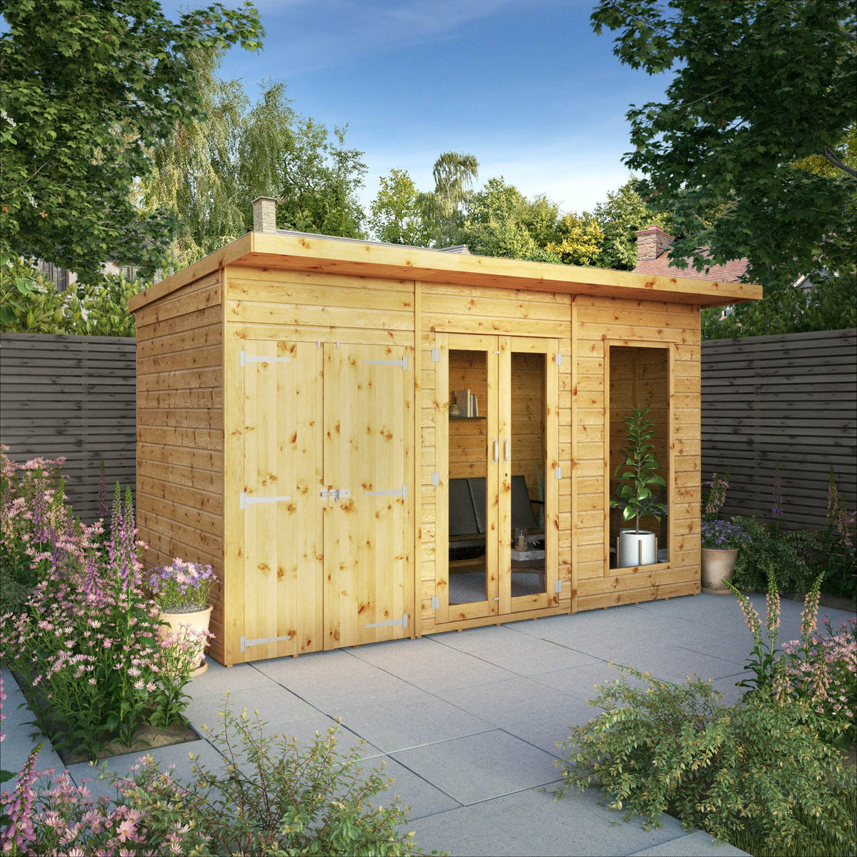 Wooden summer house in a garden with flowers and plants around