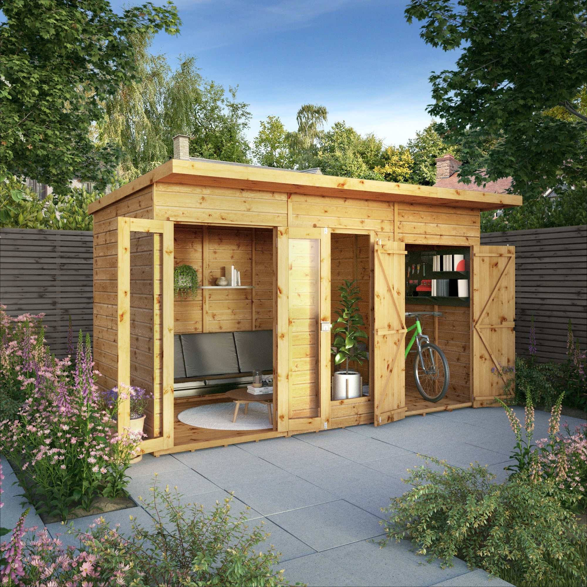 Wooden summer house and a side shed in a garden with various items inside, surrounded by greenery.