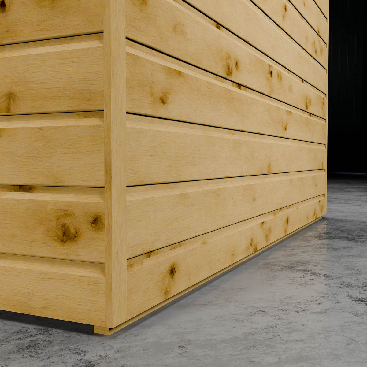 cladding of a wooden shiplap summer house in a dark setting.