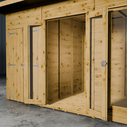 Wooden summer house with open doors alongside styrene windows and a aside shed in a dark setting.
