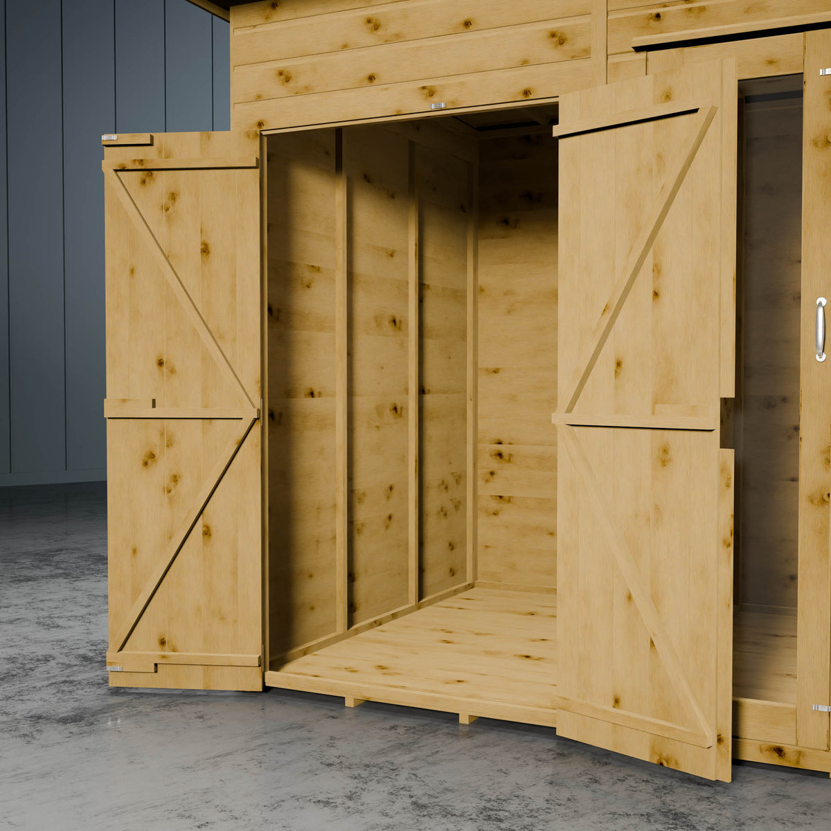 Wooden summer house with open side shed doors on a concrete floor against a grey wall.