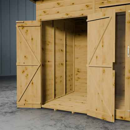 Wooden summer house with open side shed doors on a concrete floor against a grey wall.