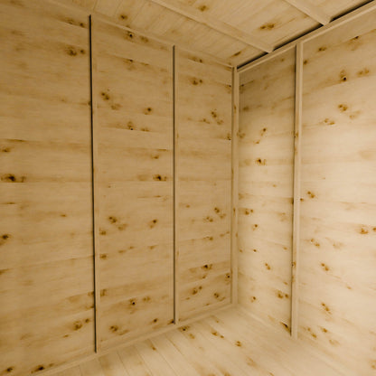 Wooden summer house interior with a corner view
