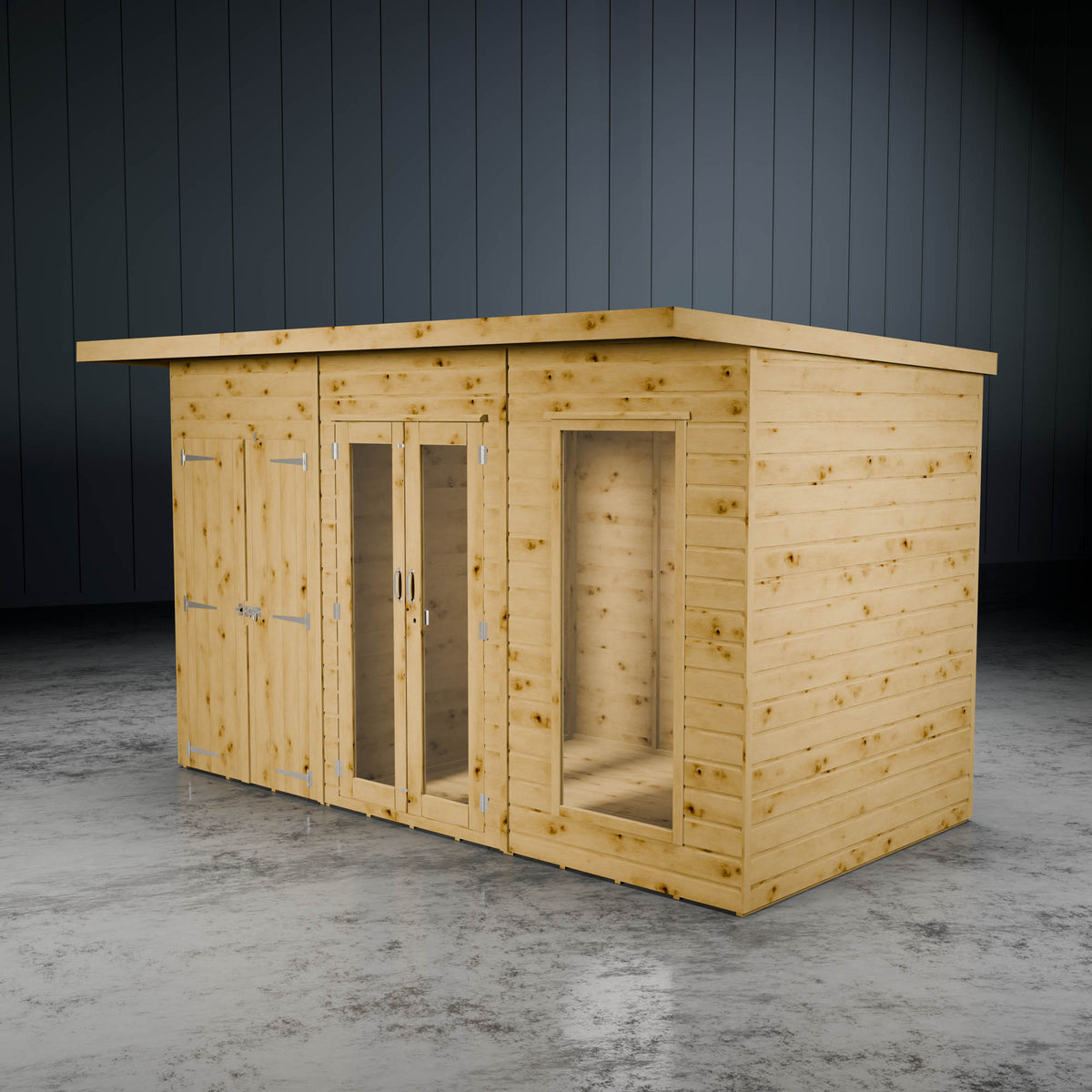 Wooden summer house with styrene doors and side shed against a dark wall