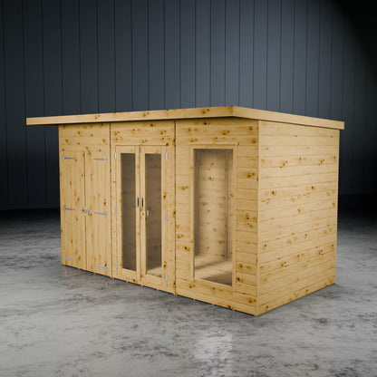 Wooden summer house with styrene doors and side shed against a dark wall