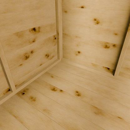 Close-up of a wooden summer house corner with a natural finish